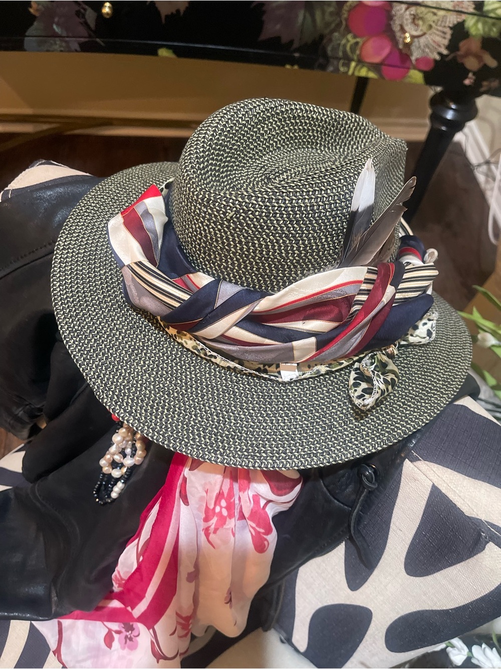 Woven Straw Fedora Hat with Red & Navy Scarf Trim